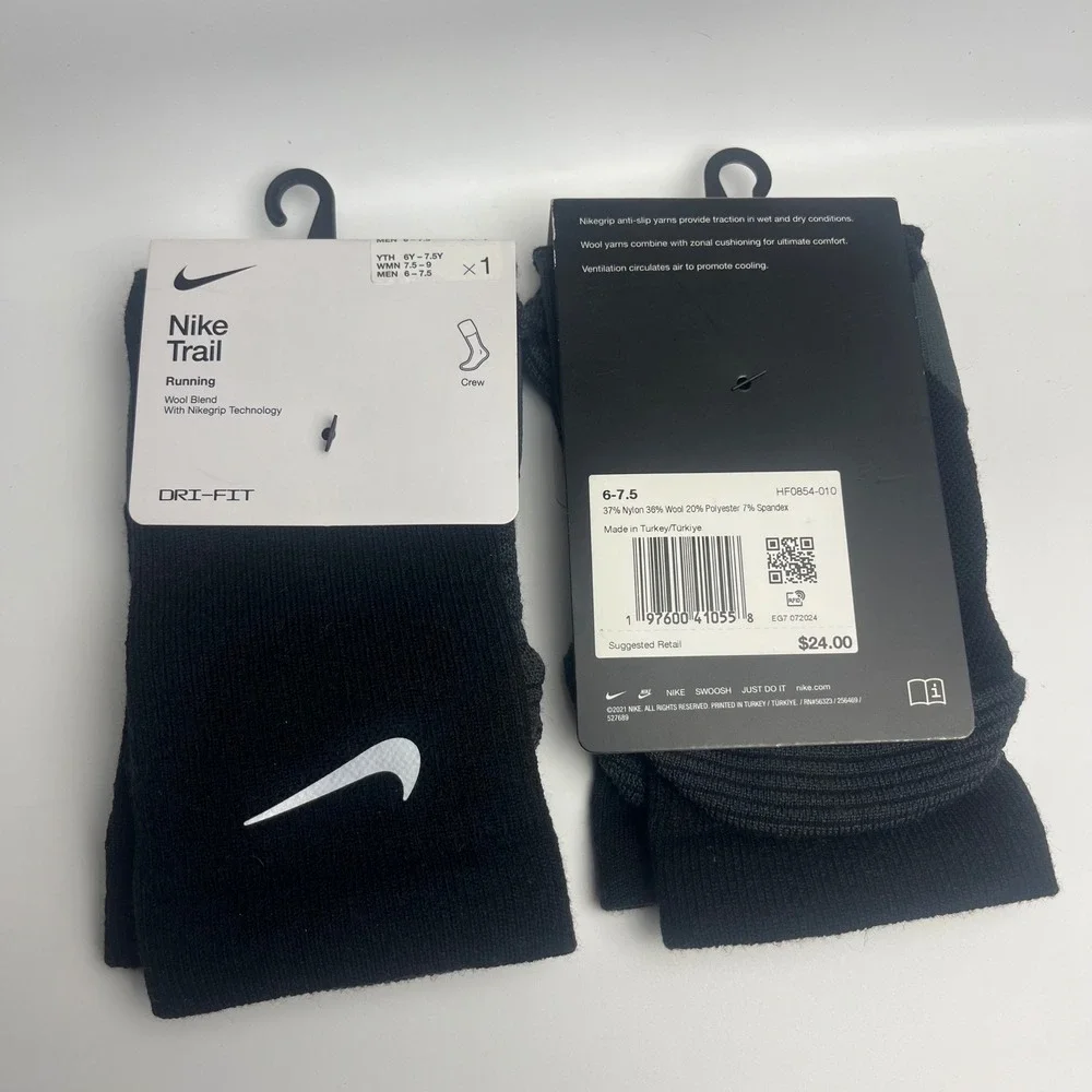 2 pair Nike Trail Running Crew Socks Black Wool Blend Dri-FIT‎ Men's Size 6-7.5